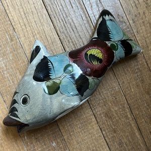 Vintage fish Mexican pottery made in Mexico florals hand painted grey & black